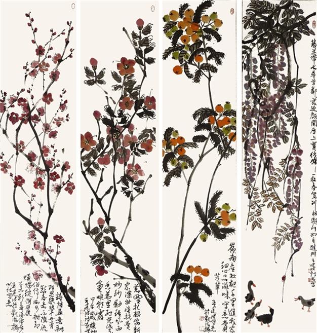 春夏秋冬花果香  四条屏（自作诗）