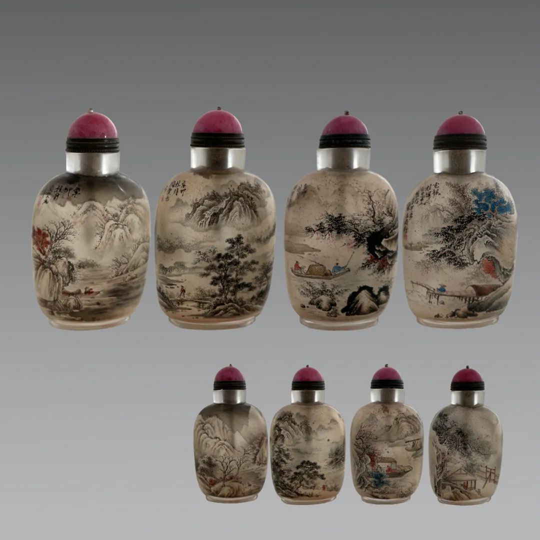 周乐元款水晶绘山水人物鼻烟壶一套（4只）