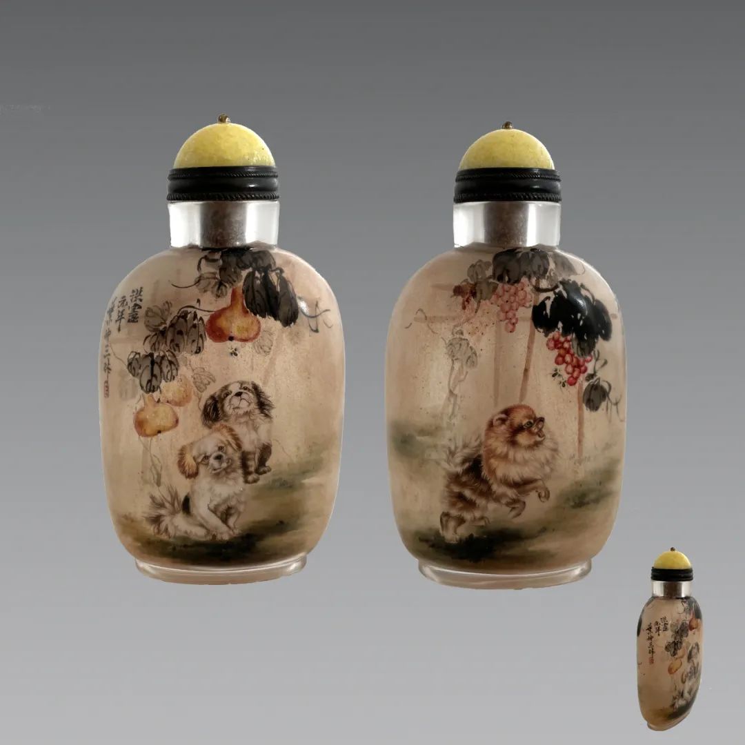 清代著名内画大师叶仲三绘犬趣图鼻烟壶