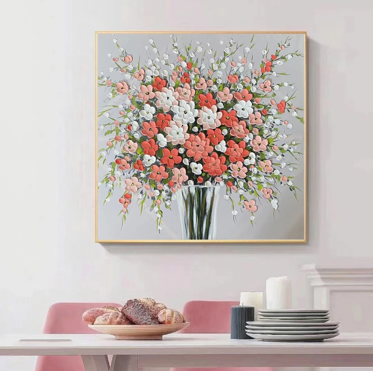 手绘《繁花》油画轻奢画简美式背景画高级感画铝合金